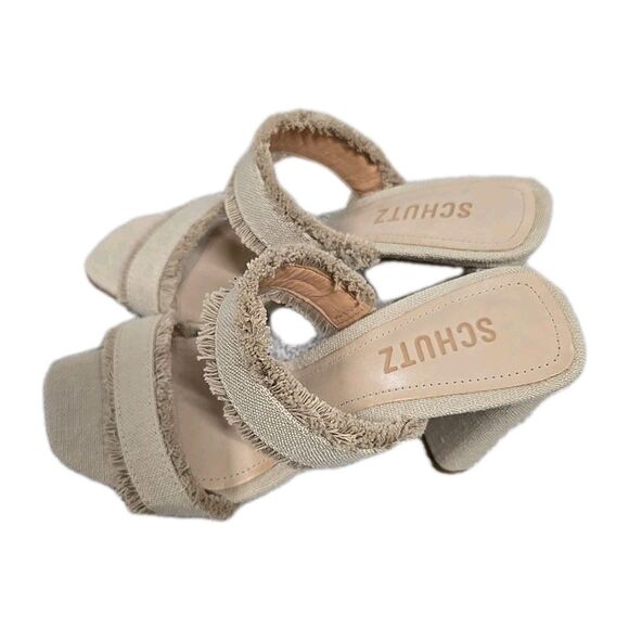 Schutz Amely Linen Double Strap Slip On High Heel Sandals Beige Oyster Size 6 - Picture 3 of 8